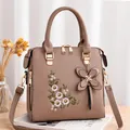 Elegant khaki handbag with floral embroidery and butterfly charm for women - Khaki