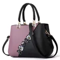 Elegant purple and black leather tote bag with floral embroidery and gold hardware - Classic / Purple