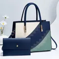 Set borsa a mano in ecopelle con design patchwork geometrico e portafoglio lungo abbinato - Blu