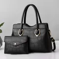 2-piece set black crocodile-embossed tote and pouch with golden hardware accessories - Black