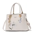 Elegant cream white handbag with floral butterfly embroidery and pearl bow charm - White