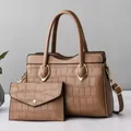 Brown crocodile embossed tote bag and matching clutch set with golden hardware - Khaki