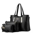 Schwarzes 3-teiliges Set aus gewebtem PU-Leder mit Handtasche, Umhängetasche und Gold-Hardware - Schwarz