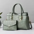Light green crocodile pattern two-piece tote bag and matching wallet with gold hardware - Light Green