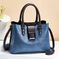 Retro grey-blue and brown PU leather handbag with dual handles and metal buckle detail - Blue