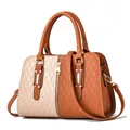 Fashionable two-tone faux leather handbag with diamond embossing and gold hardware - Khaki/Beige Contrast