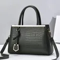 Dark green crocodile embossed leather tote bag with gold metal hardware for women - Dark Green