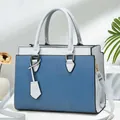 Women's color-block tote bag in dark and light blue PU leather with gold hardware - Blue