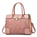 Pink snake pattern handbag with gold circular lock charm and detachable strap - Pink