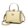 Champagne gold patent leather evening clutch bag with crystal knob and metal handle - Mirror Patent Style / Gold