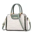 Contrast color tote bag in cream white with green straps and monogram pattern - Letter Pattern Style / Green