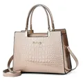 Chic sac à main beige texture crocodile avec logo doré et poignées supérieures - Kaki