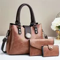 Set di 3 borse retrò in pelle PU marrone con portafoglio e porta carte coordinati - Tote + Pochette + Porta carte (28*13*21cm) / Rosa pelle