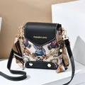 Mini retro shoulder bag with British bear print, black flap, and silk scarf strap detail - Little Bear - Black