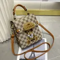 Mini checkerboard crossbody bag with 3D plush bear and brown leather strap details - Beige Brown Checkerboard (5100687607976) / Earthy Yellow