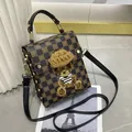 Vintage brown checkered crossbody bag with cute 3D teddy bear and black top handle - Coffee Checkerboard (5100687607975) / Black