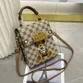 Mini brown checkerboard crossbody bag with cute teddy bear patch and gold rivets - Brown Checkerboard (5100687607977) / Khaki