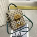 Mini checkerboard crossbody bag in brown and beige with a 3D teddy bear charm - Dark Green Leather Patchwork (5100687607978) / Green