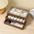 Three-layer walnut jewelry box with acrylic lid and drawer sections for rings - 3 Layers (18 Grids and Six Grids and Empty Tray)