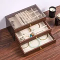 Three-layer walnut wood jewelry box with clear top and beige velvet lining for rings - 23.5cmx13.5cmx10.5cm / Combined Large Capacity Sectioned Style