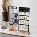 Présentoir à bijoux double porte avec crochets noirs et base de rangement en bois - Noir