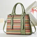 Fashionable woven tote bag with colorful ethnic patterns and green leather handles - Wave Pattern Style / Green