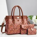 Three-piece set of elegant brown handbag with cherry prints and gold metal hardware detail - Khaki/Earth Yellow