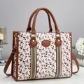 Detail of floral tote bag with cherry prints, brown leather handles and golden hardware - Off White