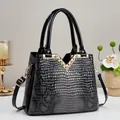 Gradient patent leather tote bag with crocodile texture and V-shaped gold metal hardware - Gray