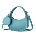 Cyan leather crescent handbag with matching round earphone pouch and pebbled texture - Blue
