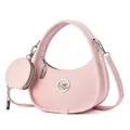 Sac à main demi-lune rose en cuir grainé avec mini porte-monnaie et logo d'oiseau argenté - Rose
