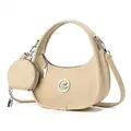 Elegant beige crescent handbag set with grainy leather texture and round coin purse - Khaki