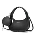 Black crescent shoulder bag in pebble leather with a small detachable round coin purse - Black