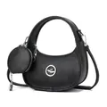Black crescent handbag in pebble leather with silver logo and small round coin purse - Black