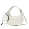 Detail of white hobo bag showing pebble leather texture and detachable coin purse accessory - White