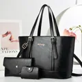 Three-piece black vintage tote bag set with textured faux leather and gold hardware - Three-Piece Set / Black