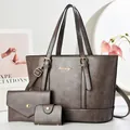 Conjunto de bolsos retro 3 en 1 en cuero PU mate café con detalles dorados - Set de tres piezas / Gris