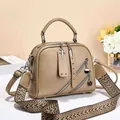Fashionable khaki satchel bag with litchi texture and geometric woven shoulder strap - Khaki