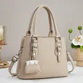 Elegant beige lychee texture leather tote bag with silver hardware and shoulder strap - 25cmx20cmx11cm / Light Khaki