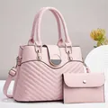 Pink V-quilted faux leather handbag with matching clutch and gold metal hardware detail - Tote Bag And Wallet / Pink