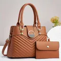 Brown V-quilted faux leather handbag and wallet set with gold hardware for women - Tote Bag And Wallet / Earthy Yellow