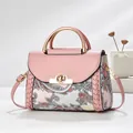 Piccola borsa quadrata rosa con motivo paisley, chiusura girevole oro e manico in metallo - stampa paisley / Rosa