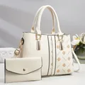 Chic cream patchwork tote bag and envelope clutch set with stylish letter print details - White