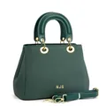 Gros plan du sac cabas vert foncé avec texture tissée, logo NJS doré et finitions métal - Vert