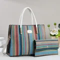 Large colorful striped straw tote bag and wallet set with white handles and shoulder strap - Blue and White