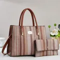 Women's multi-color striped tote bag set with matching wallet and shoulder strap - Earthy Yellow