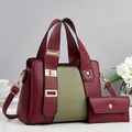 Fashionable burgundy and green leather tote bag set with detachable shoulder strap - Red