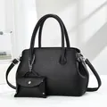 Black litchi grain leather tote bag with matching chain pouch and silver hardware - Black