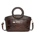 Detail of dark brown handbag showing crocodile texture and round gold handle detail - Coffee