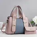 Chic pink and blue lychee leather handbag set with premium gold twist lock and floral accents - Pink